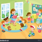 stock vector children s activity in the kinder garden reading books playing education 390891034
