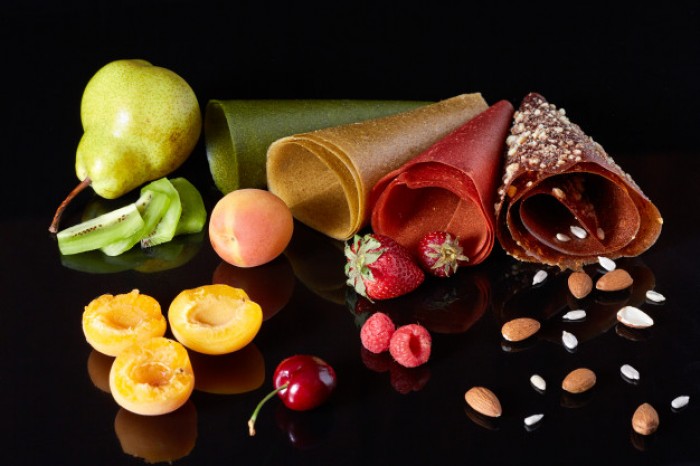 composition fresh fruits roll fruit leather black background 126801 476