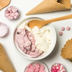 waffle cones near ice cream bowl sprinkles