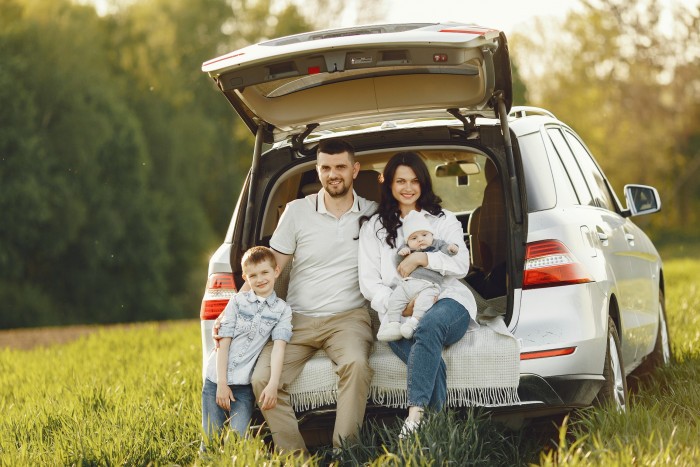 family summer forest by open trunk