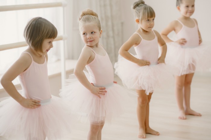 cute little ballerinas pink ballet costume children pointe shoes is dancing room
