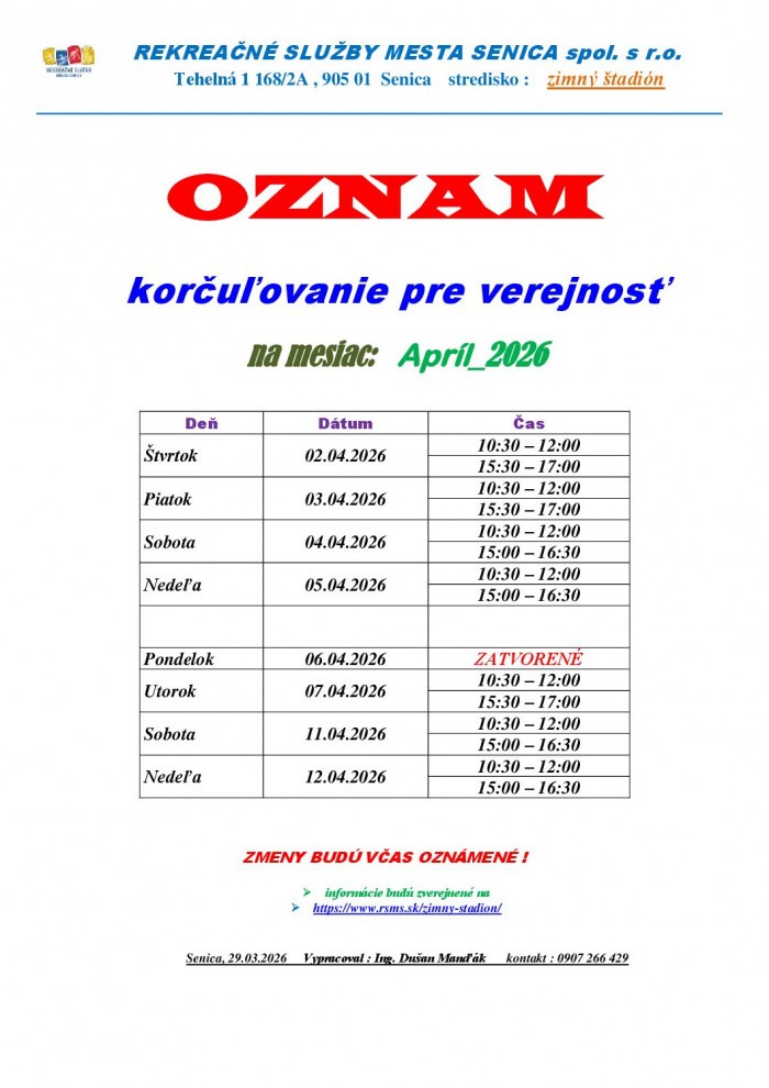 Aprilove korculovanie pre verejnost na Zimnom stadione